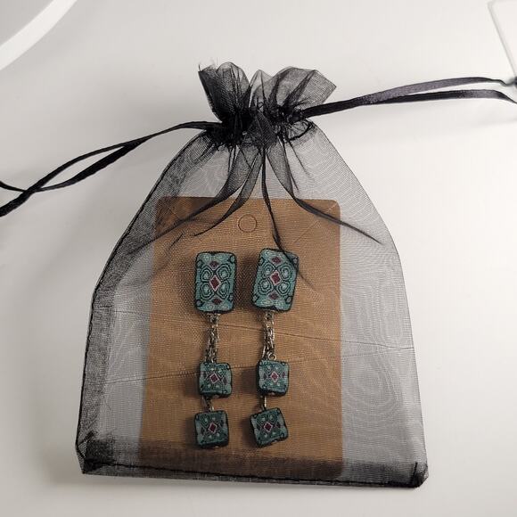 Handmade Polymer Clay Dangle Earrings Teal Pink Black Geometric Pattern Pierced - Picture 9 of 12